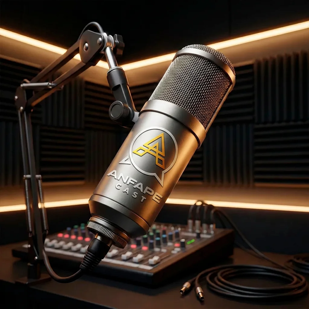 Microfone do ANFAPE Cast em estúdio de gravação de podcast